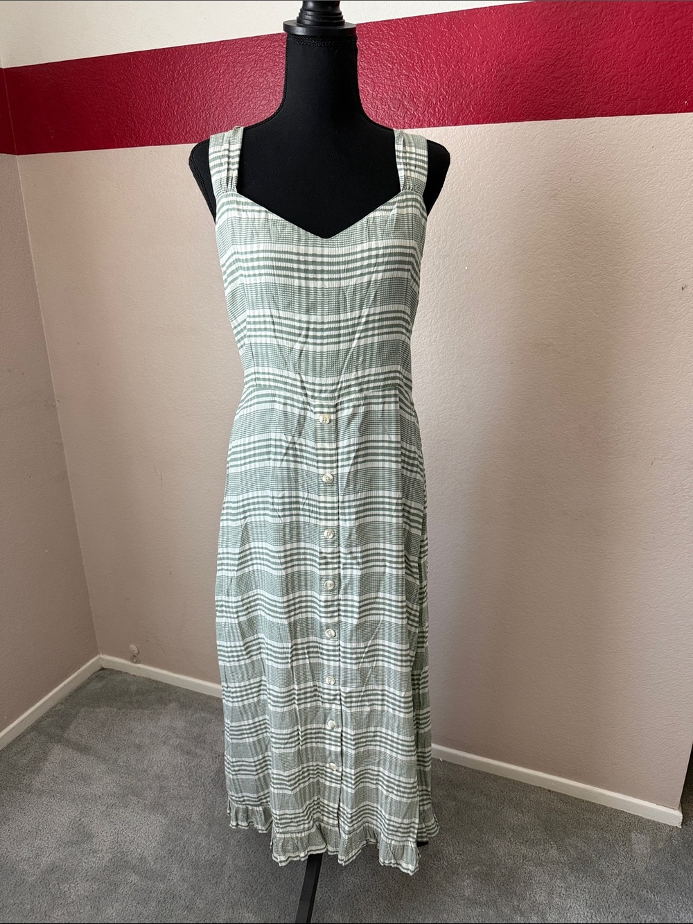 American Eagle Outfitters Sage Green and White Plaid Button-Front Dress | Sz L